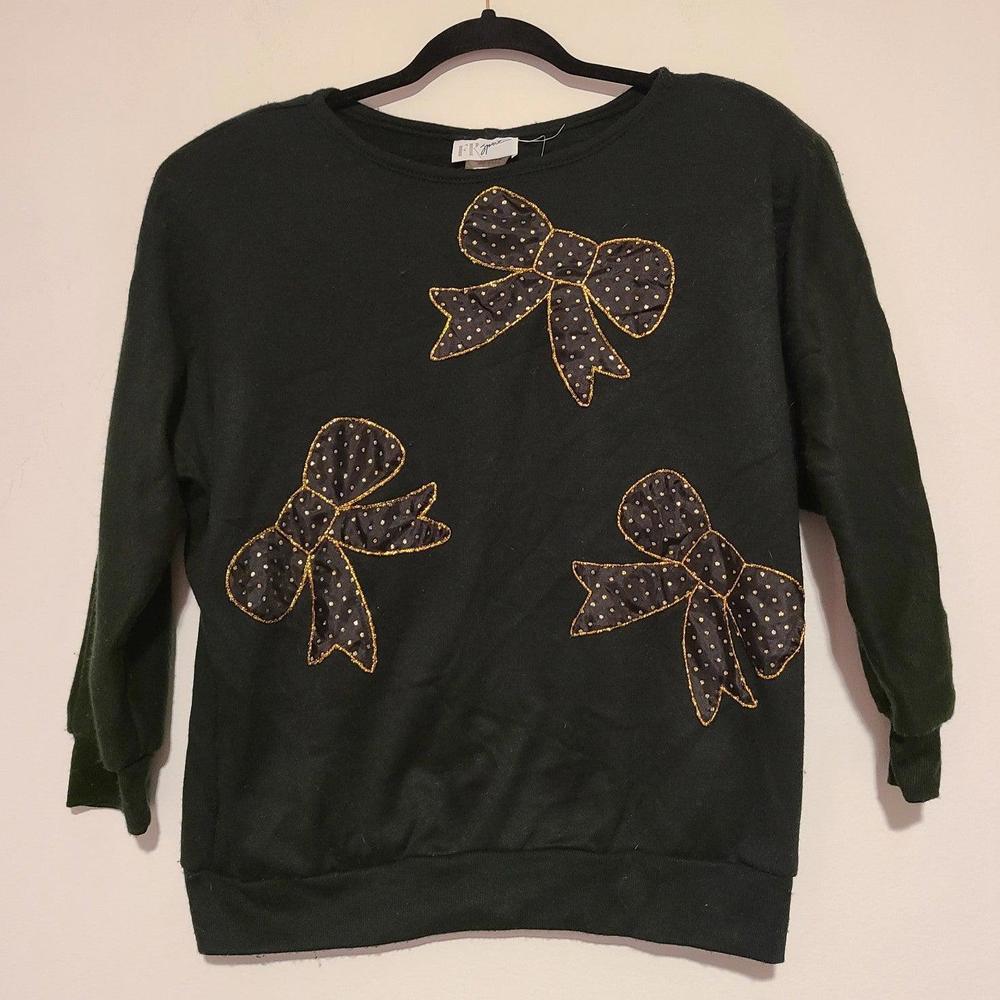 Women's Vintage FR Sport Kawaii Bows Black Sweatshirt Shoulder Pads Small S